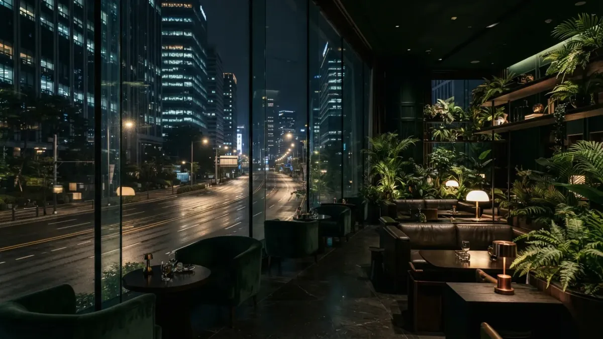 A quiet illuminated city road at night without people or cars